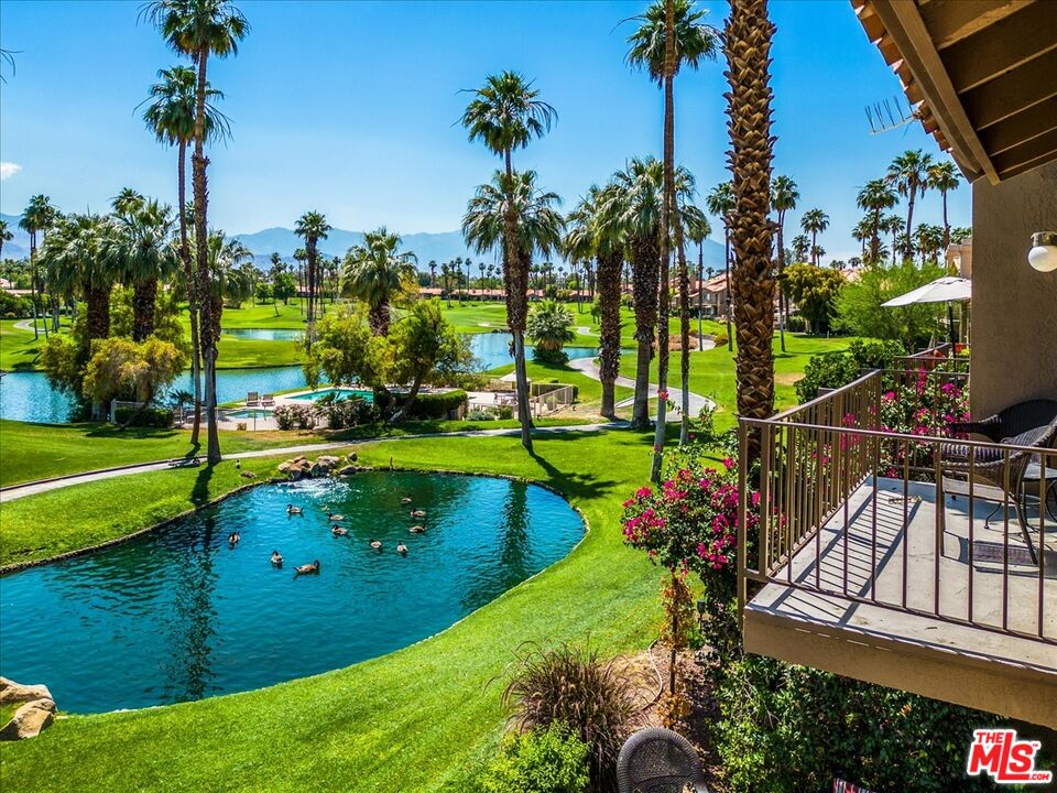 a view of a garden with an ocean