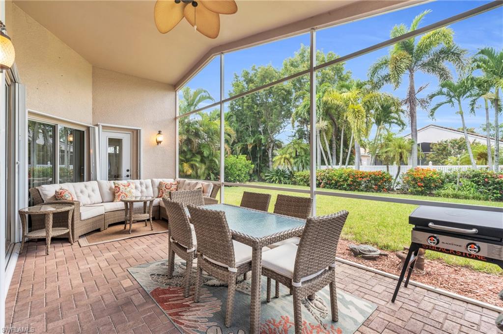 a view of a patio with swimming pool