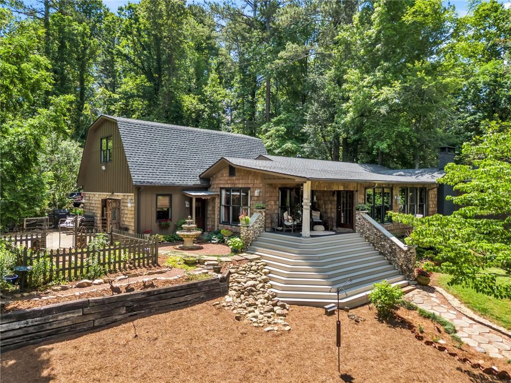 aerial view of a house with a patio