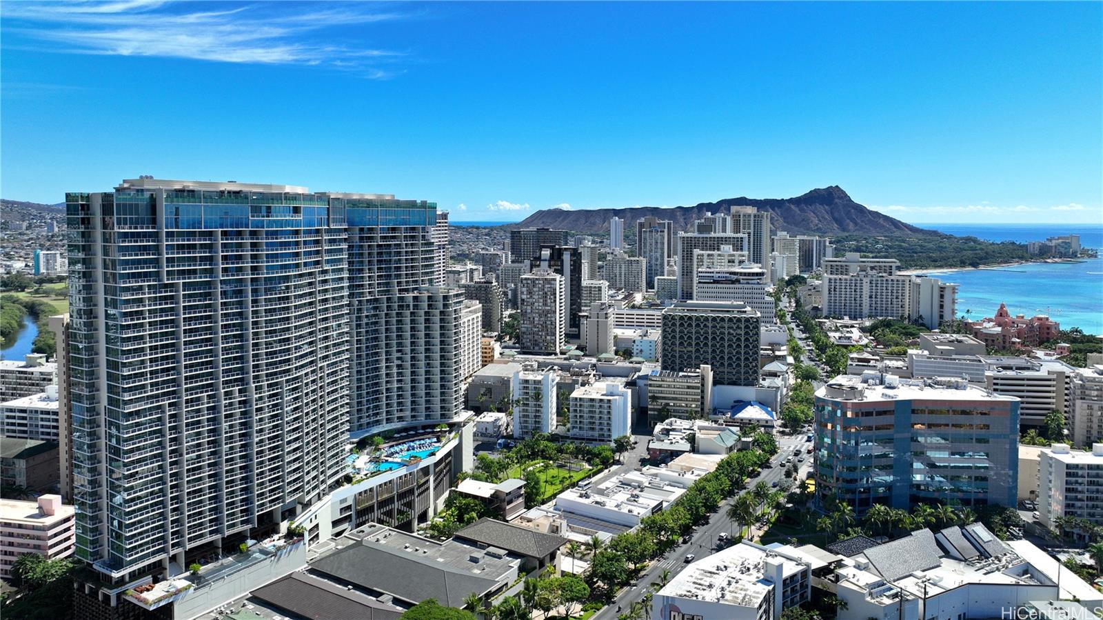 a view of a city with tall buildings