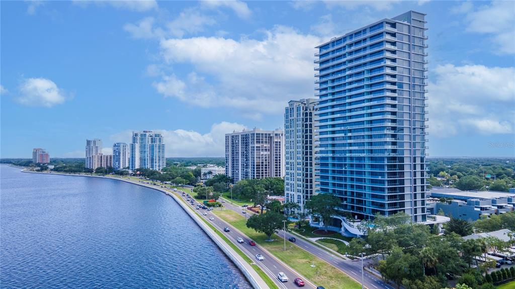 a view of a city with tall buildings