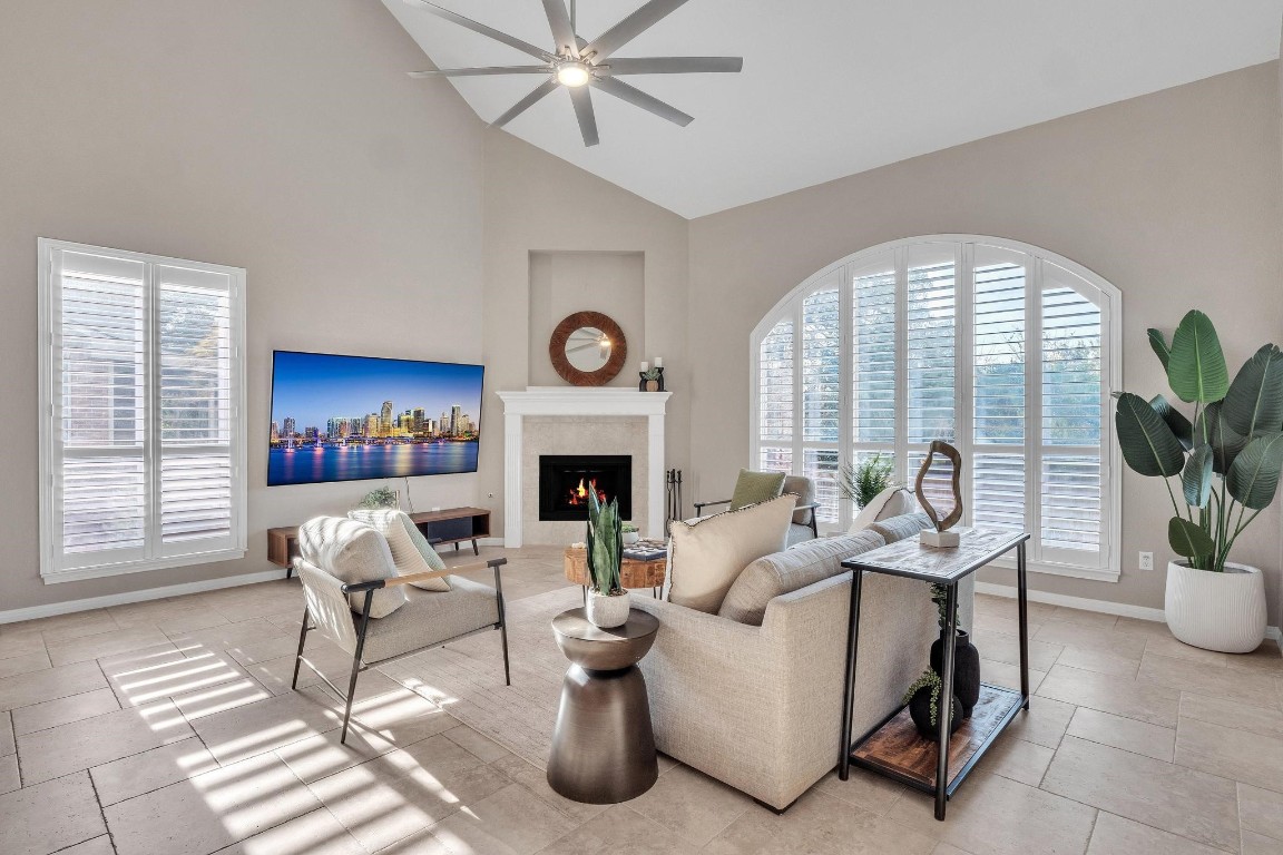 a living room with furniture a fireplace and a potted plant