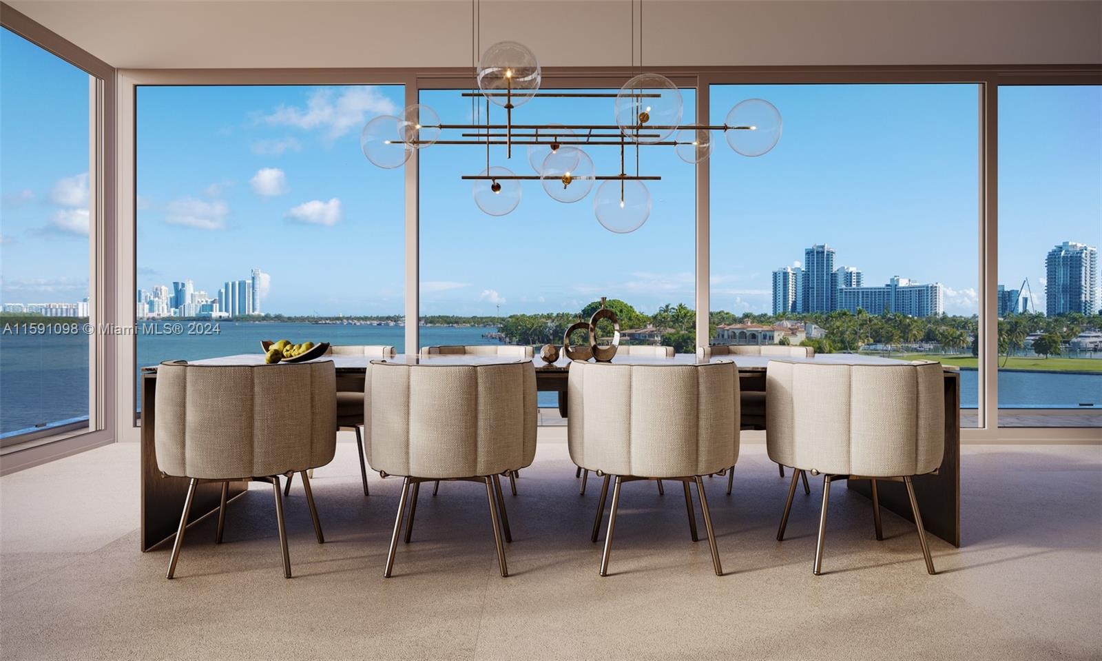 a dining room with furniture and a floor to ceiling window