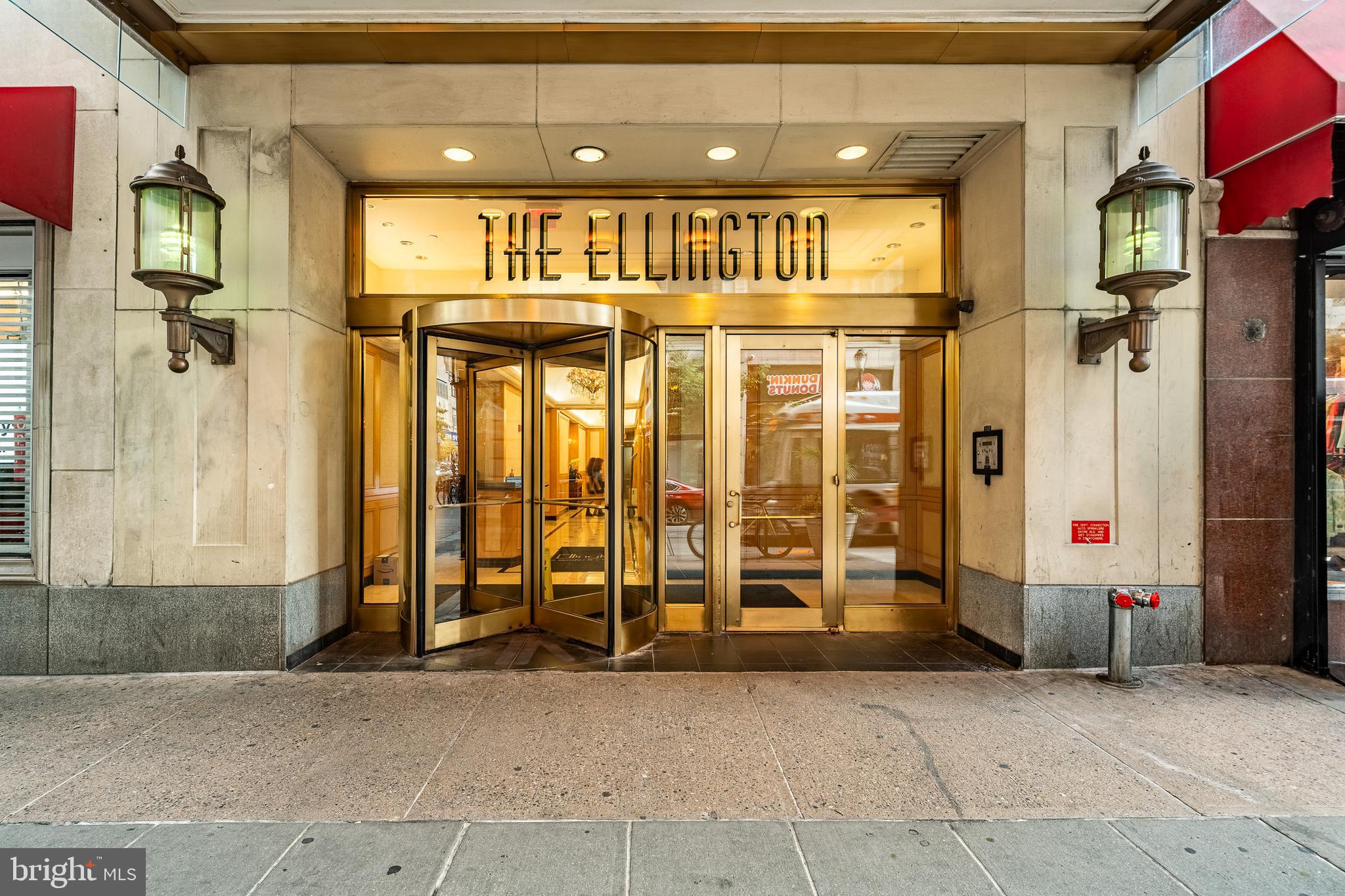 a view of a building with glass door