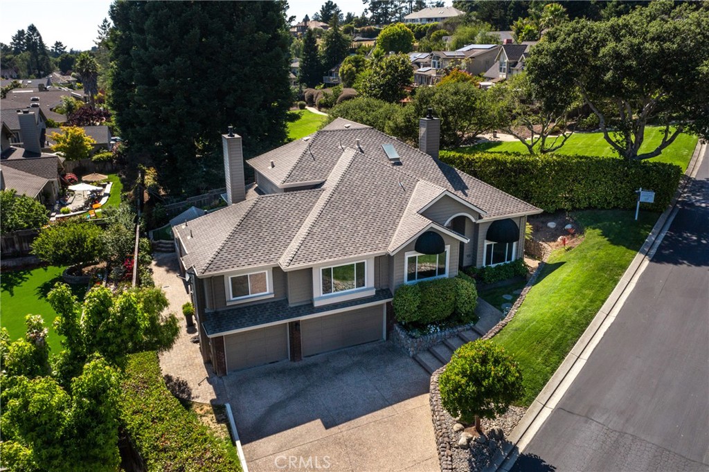 an aerial view of a house with a yard and potted plants