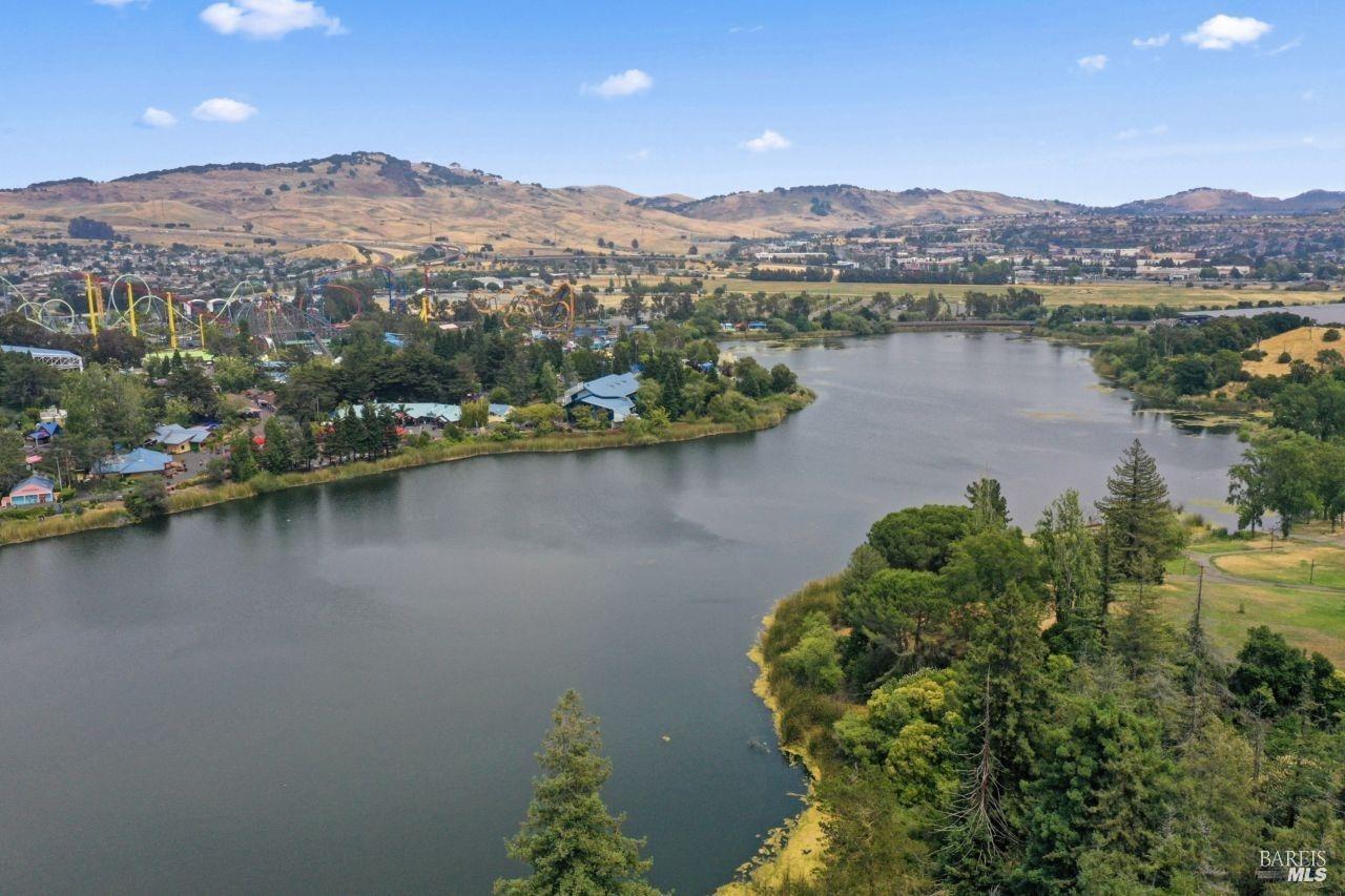 a view of a lake with a mountain in the background