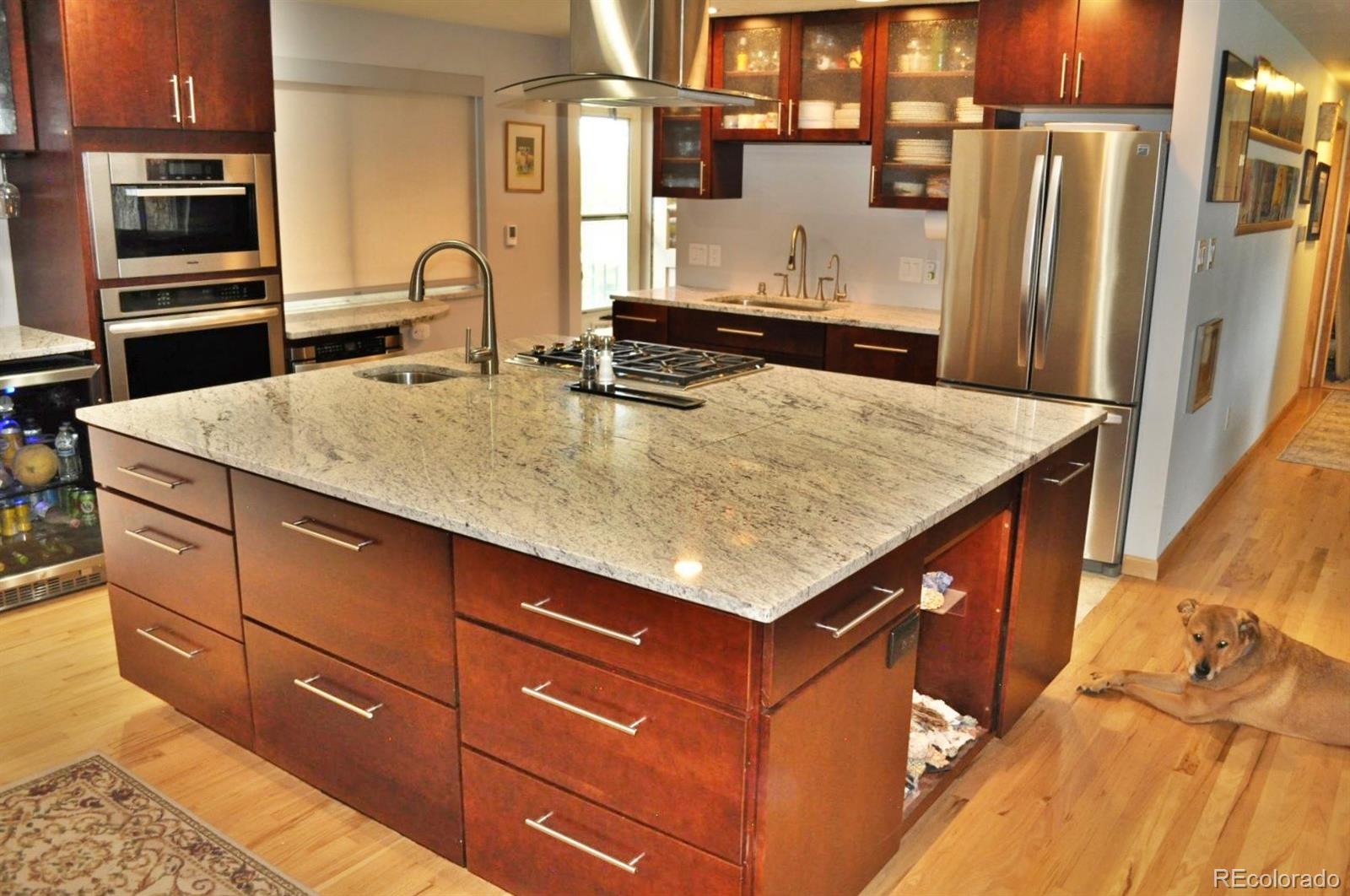 a kitchen with stainless steel appliances a sink and a refrigerator