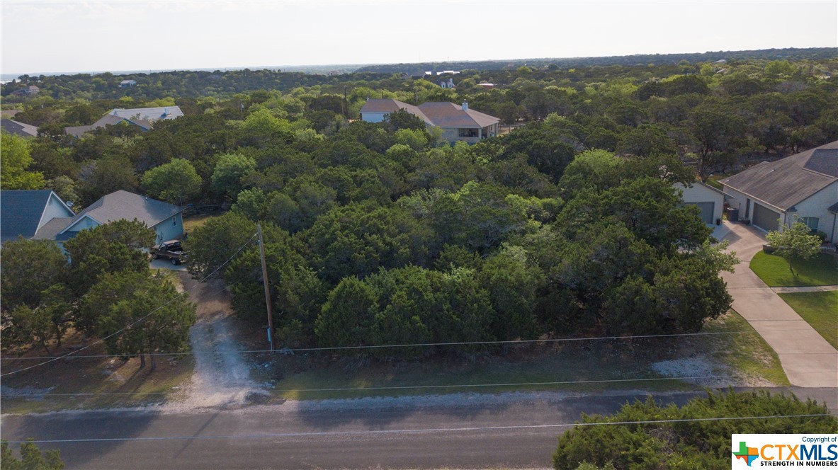 an aerial view of residential houses with outdoor space and trees