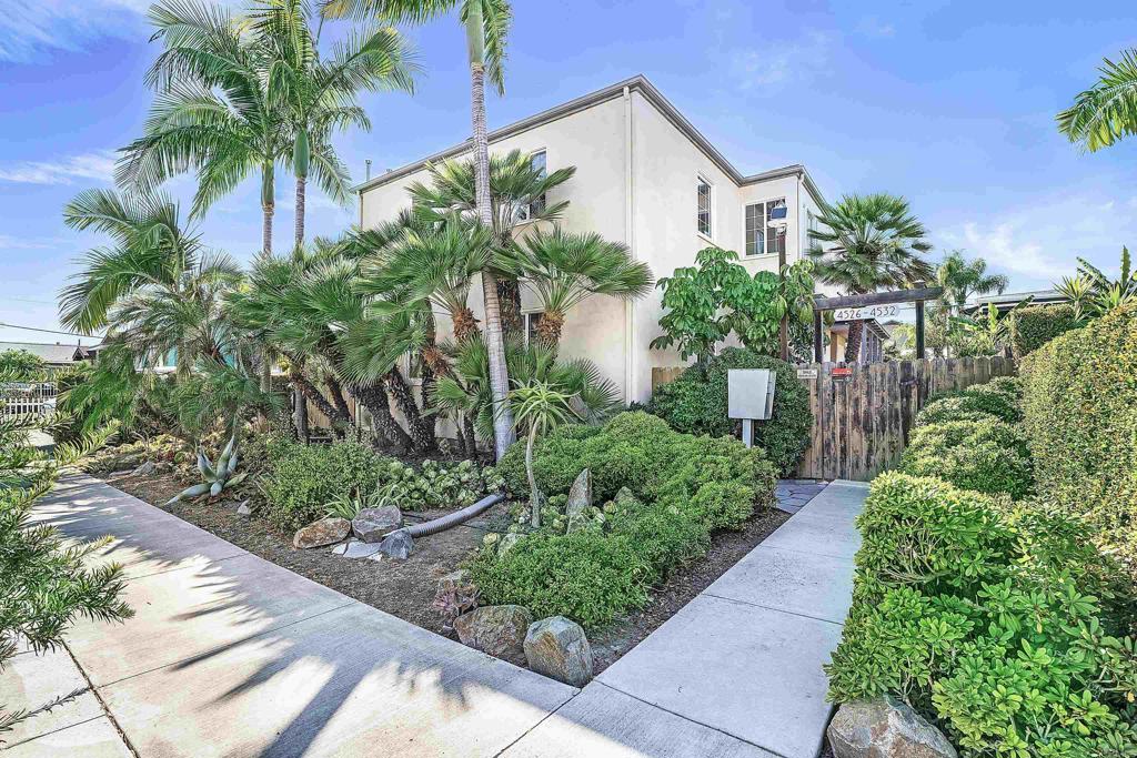 a front view of yellow house with a yard and plant