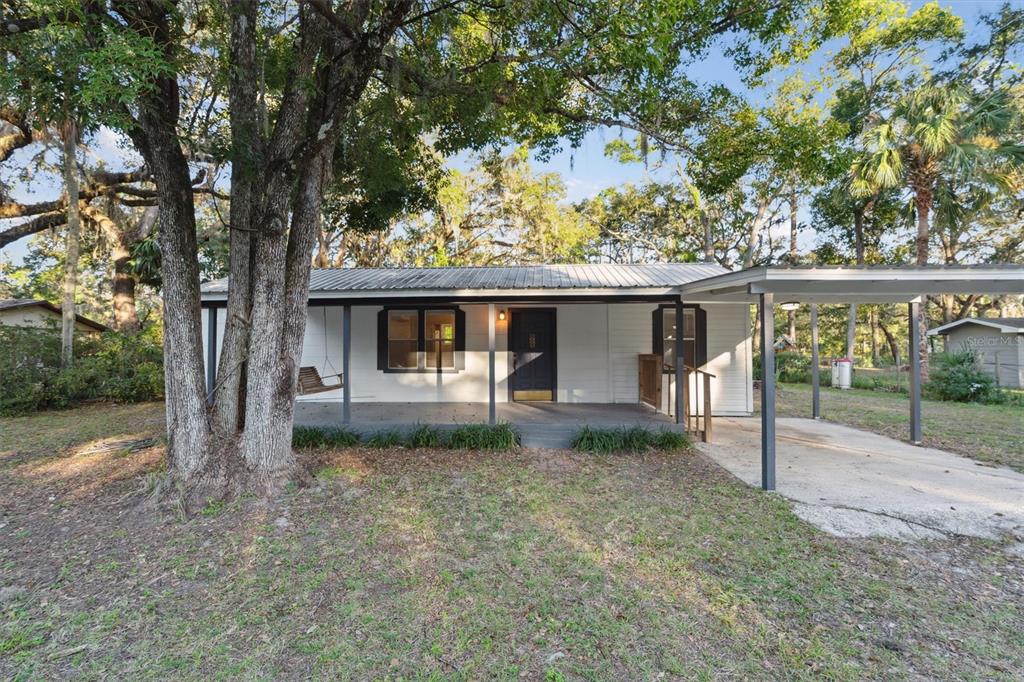 a view of a house with a small yard and a large tree