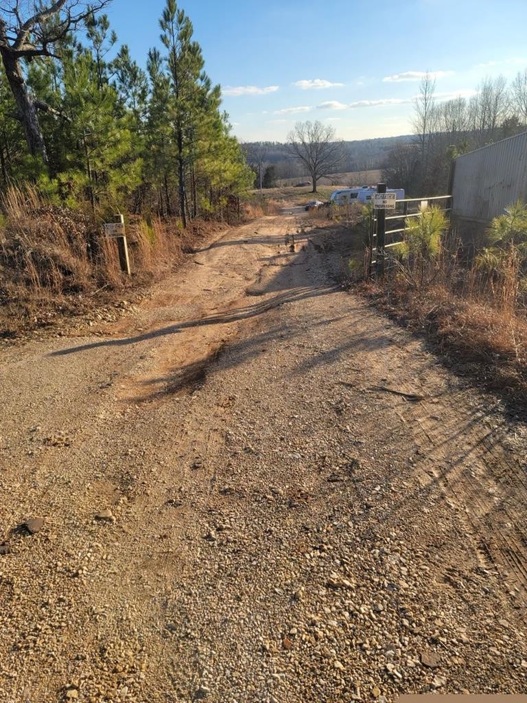 a view of a yard with wooden fence