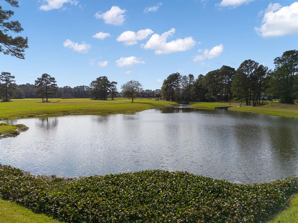 This photo showcases a serene view of a pond surrounded by lush greenery and mature trees, offering a peaceful and picturesque setting. Ideal for nature lovers seeking tranquility.