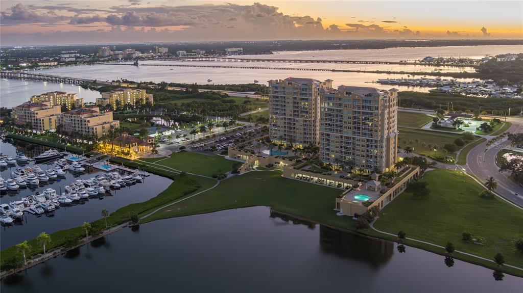 AERIAL VIEW FROM THE CONDO FACING WEST WITH THE SUNSET OF THE GULF/OCEAN