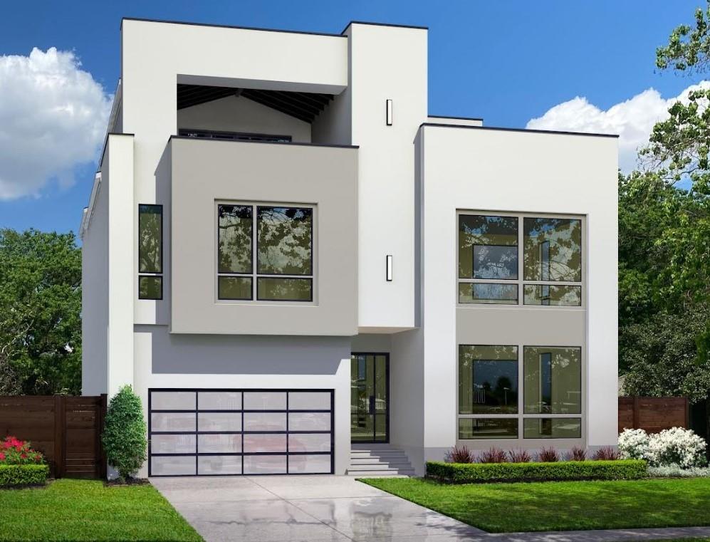 a view of a white house with a large door