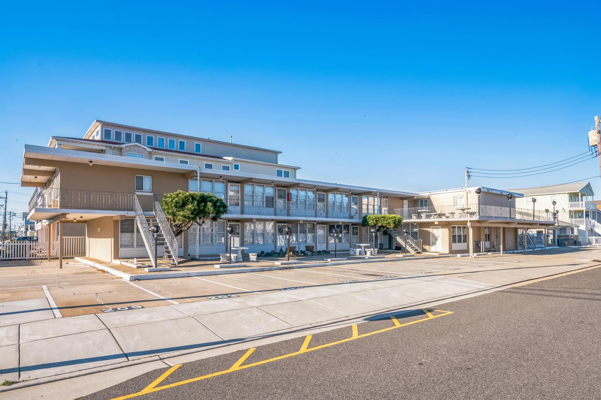 a view of a building with a street view