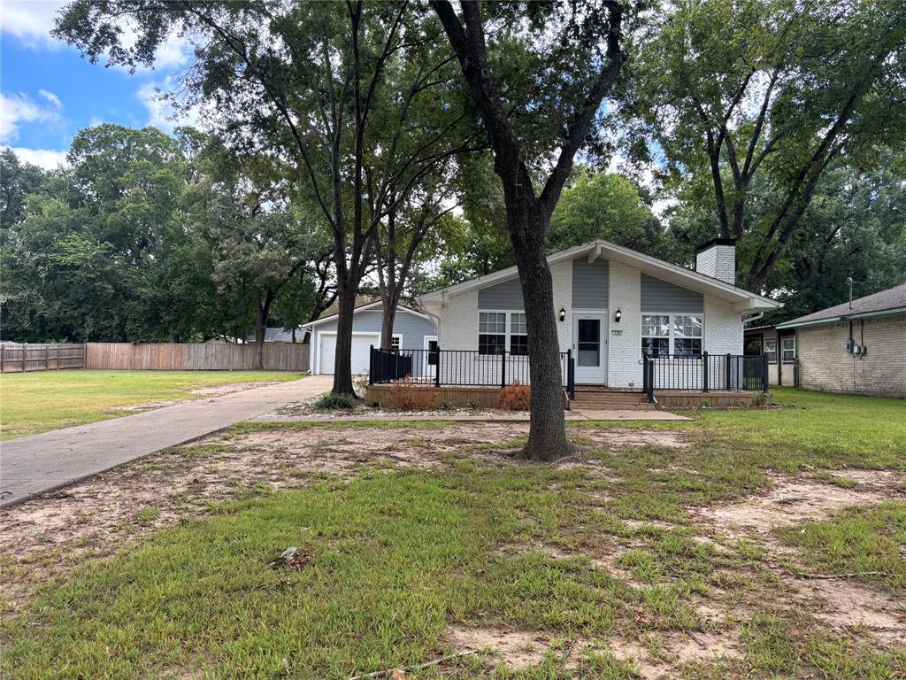 a view of a house with a yard and large tree