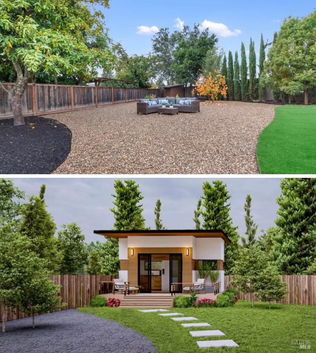 This photo includes provisions regarding the use of artificial intelligence (AI). The top photo is the current condition of the property and the bottom photo represents an AI representation of a detached second unit (ADU).