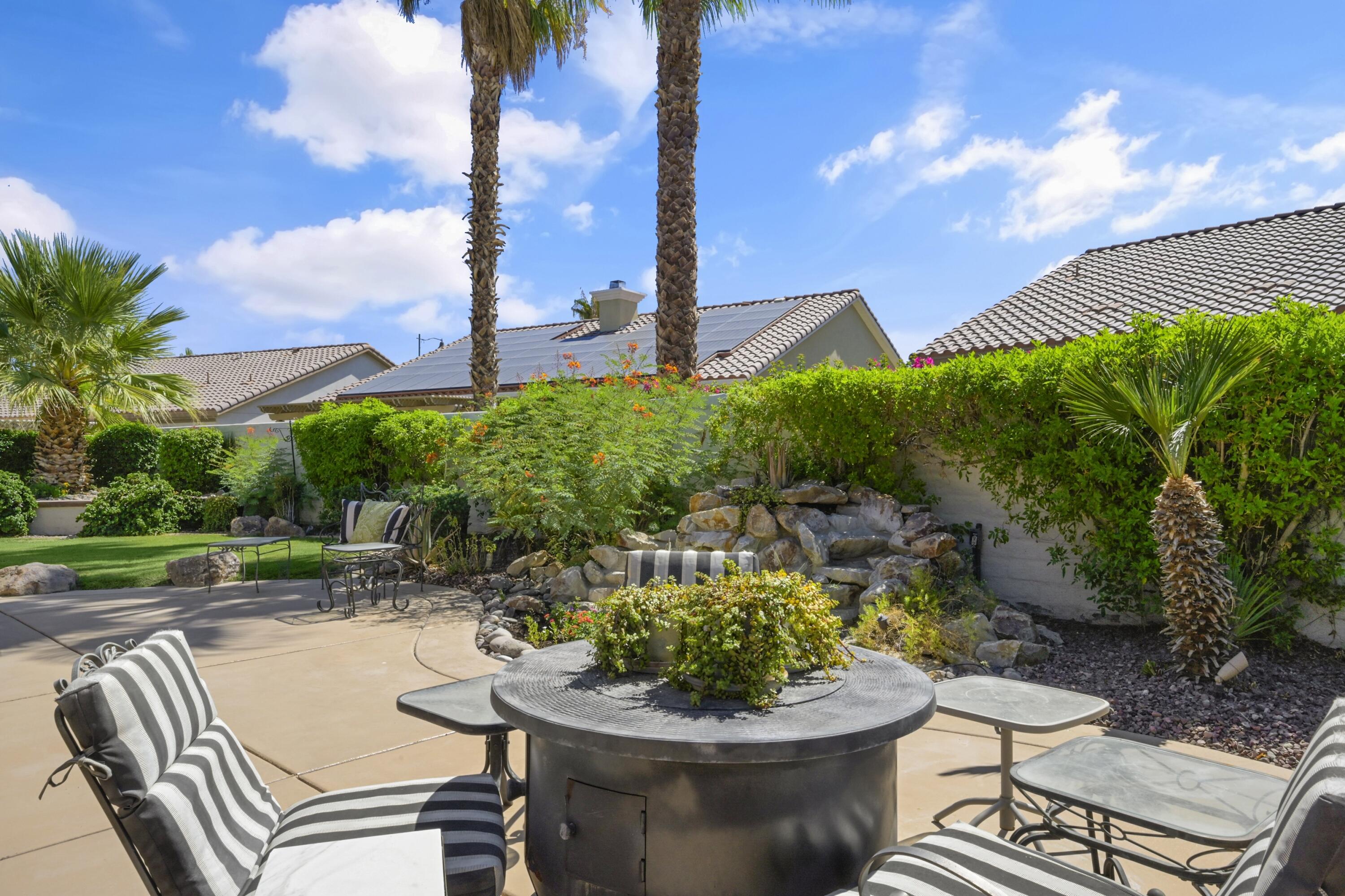 a view of a patio with chairs and a potted plants