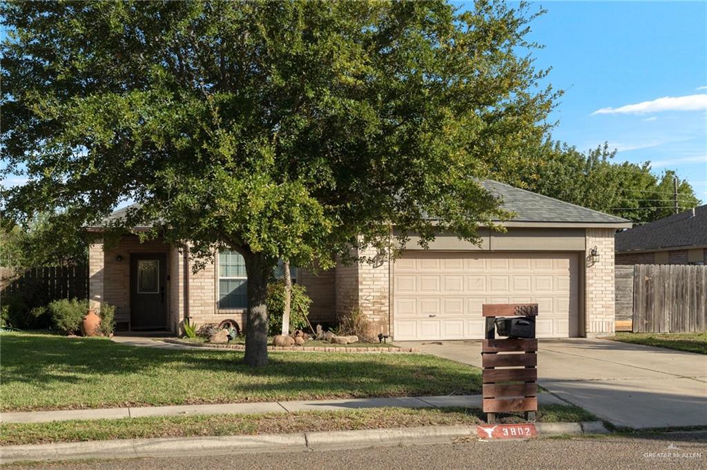 View of property hidden behind natural elements featuring a front yard and a garage