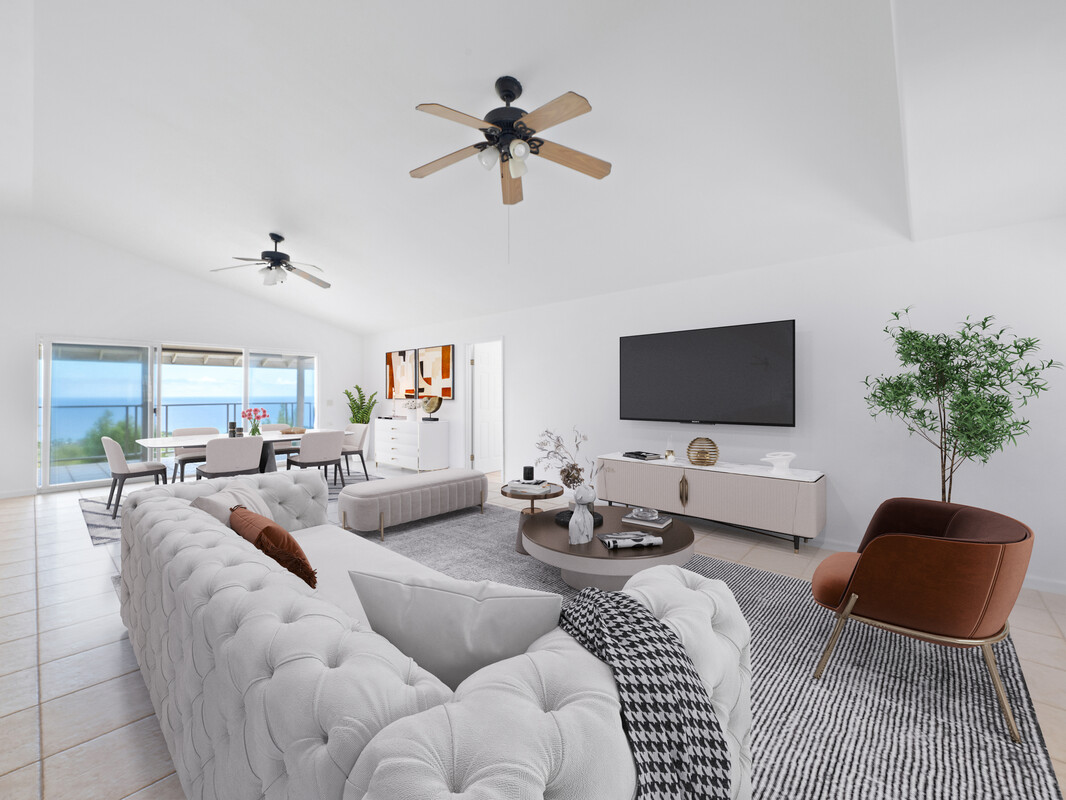 a living room with furniture a flat screen tv and a potted plant