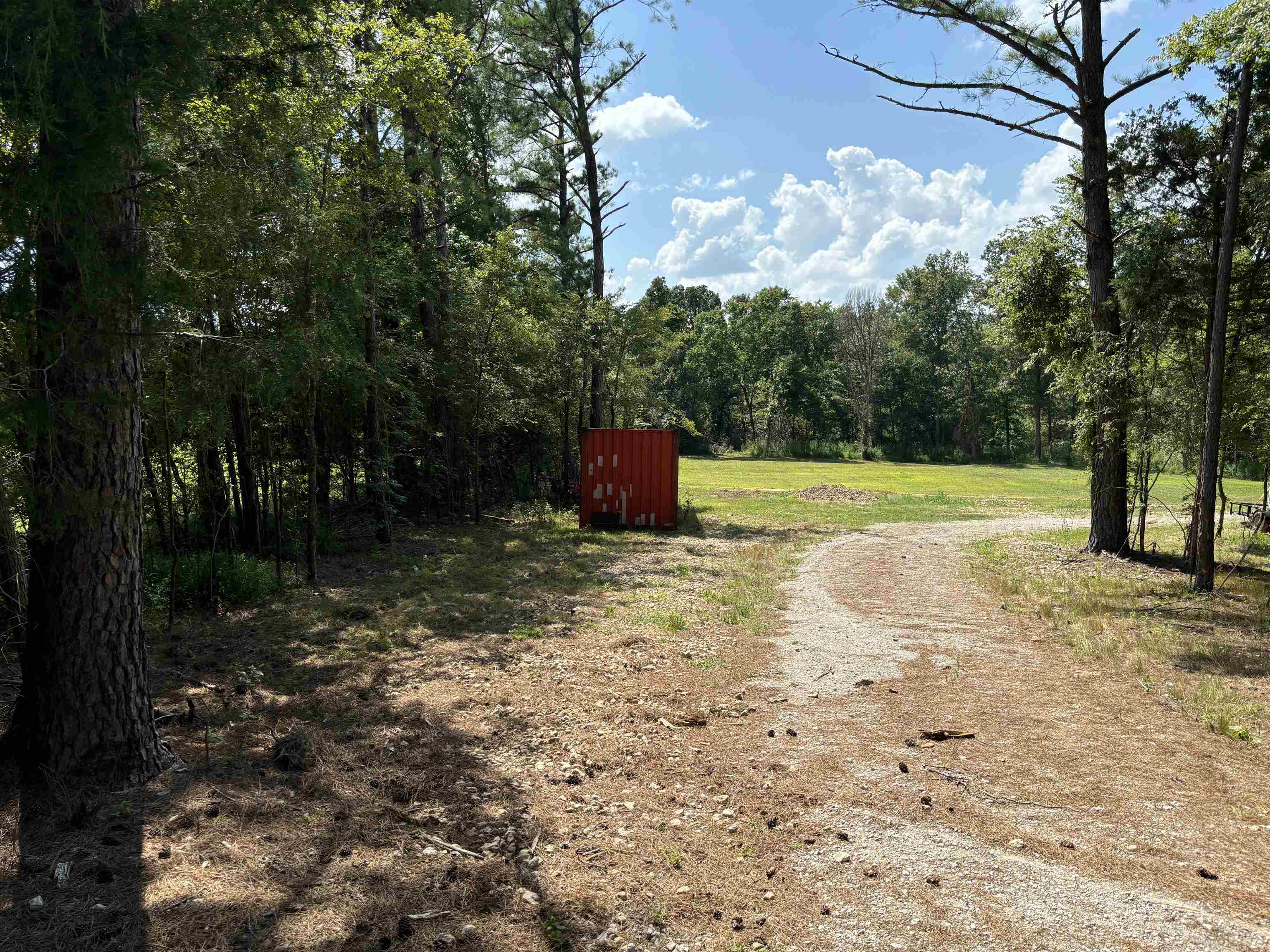 a view of a field with trees in the background