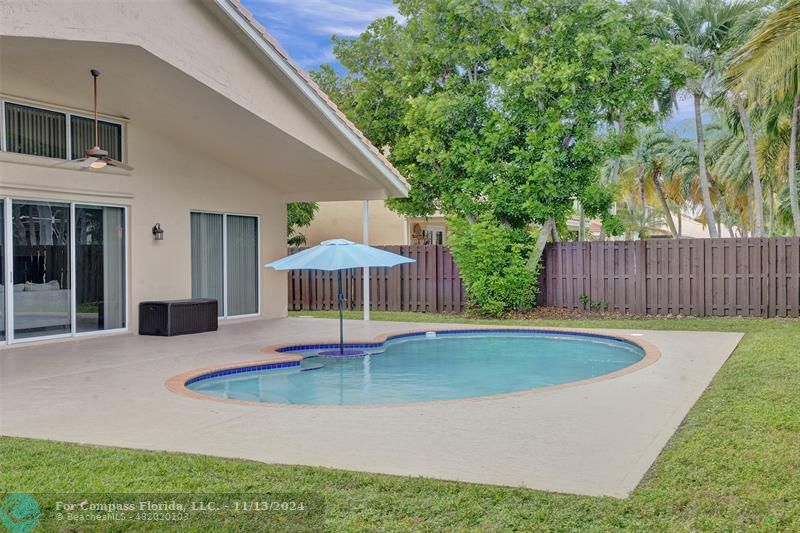 a swimming pool with outdoor seating and yard