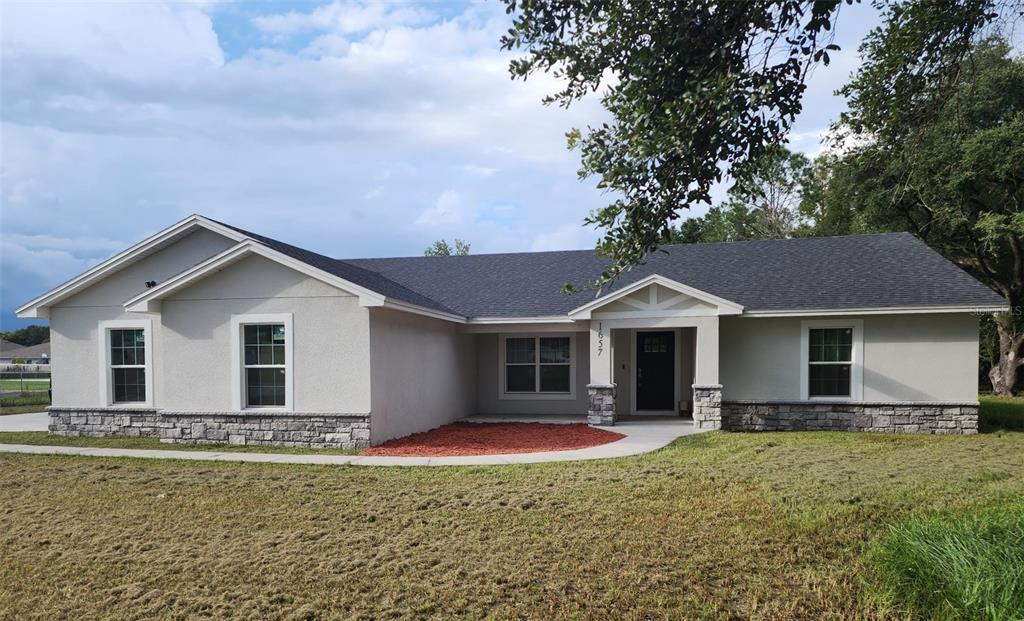 a front view of a house with yard and green space