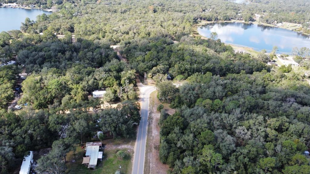 an aerial view of a houses with yard and lake view