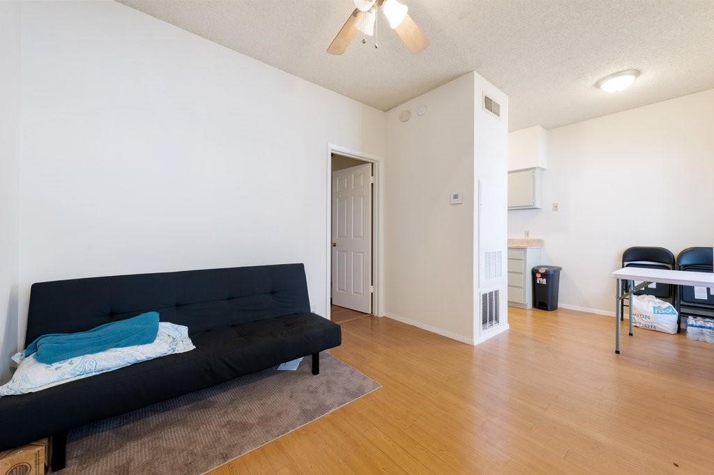 a living room with furniture and a lamp