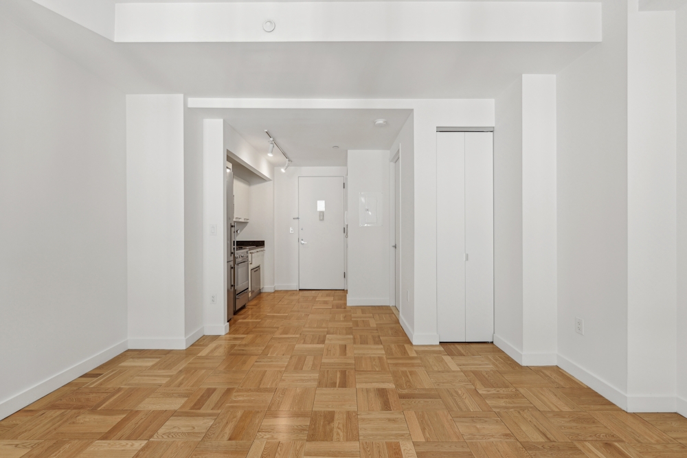 a view of a big room with closet and windows