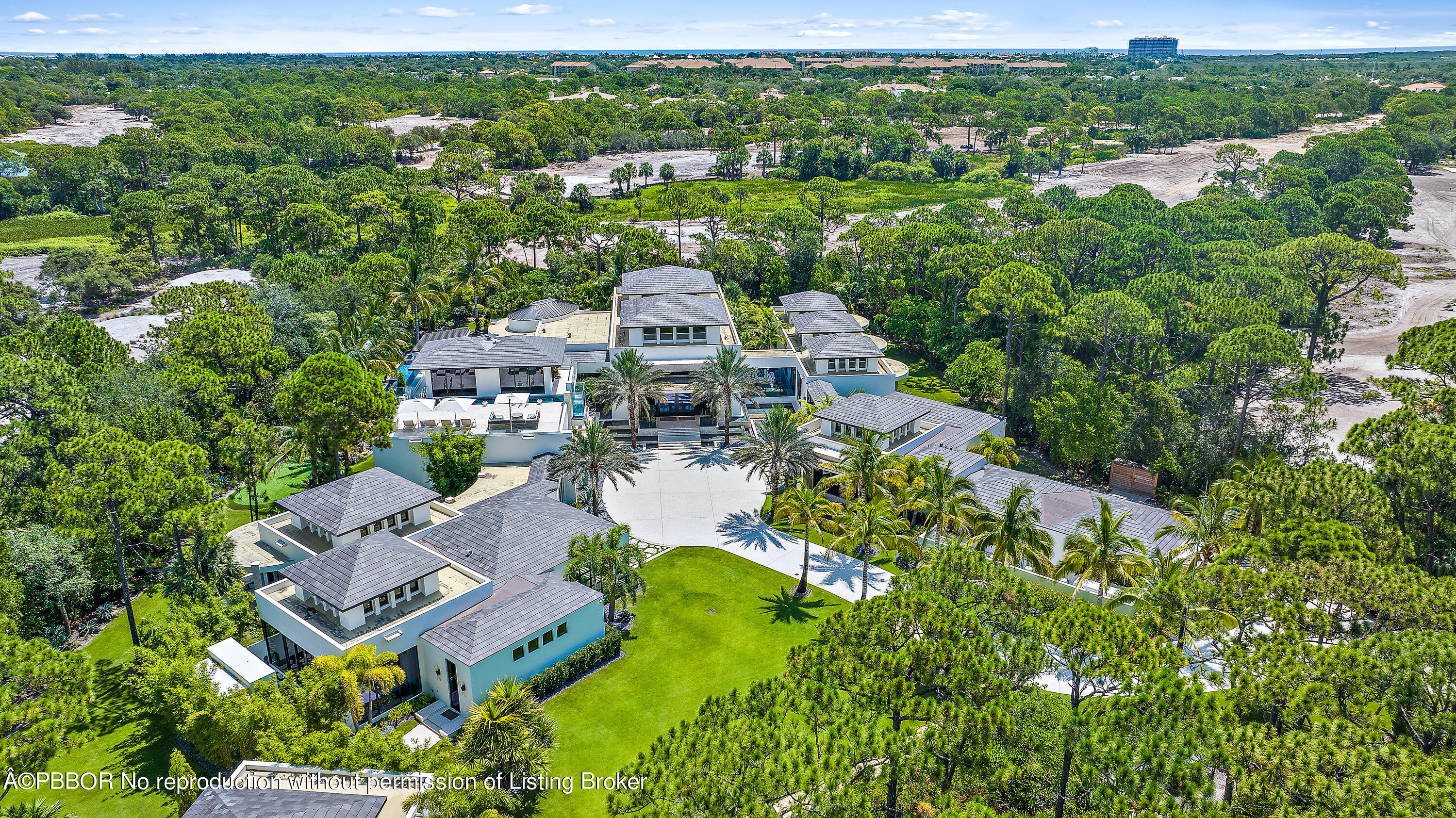 an aerial view of residential houses with outdoor space and trees all around