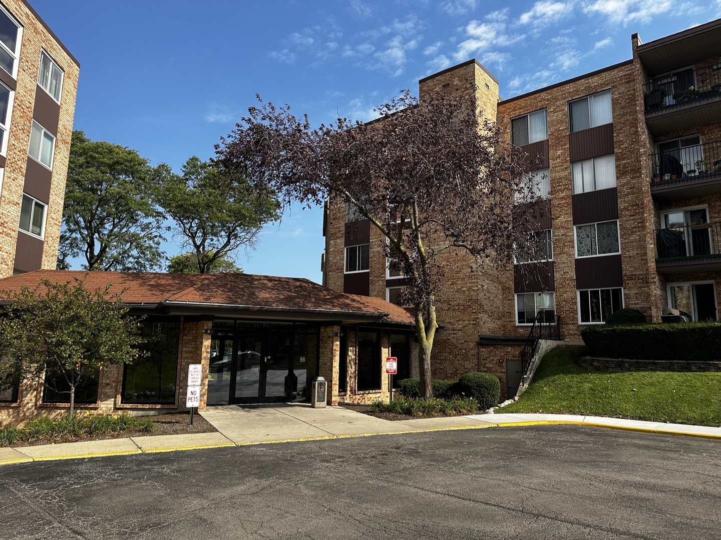 a front view of a building with street