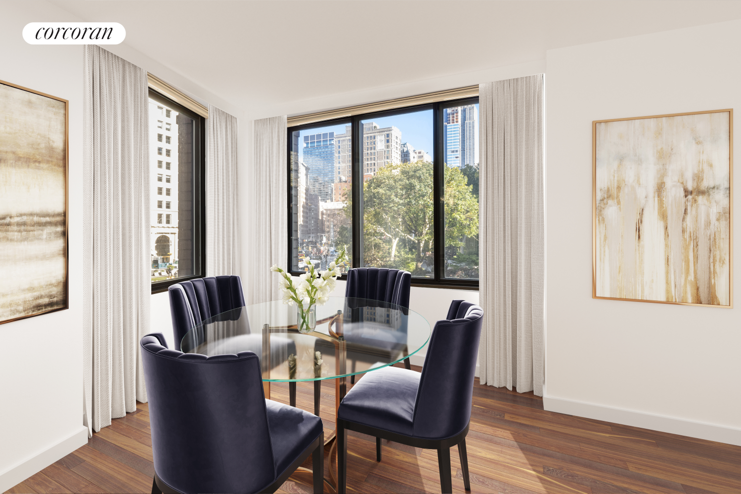 a dining room with furniture window and wooden floor