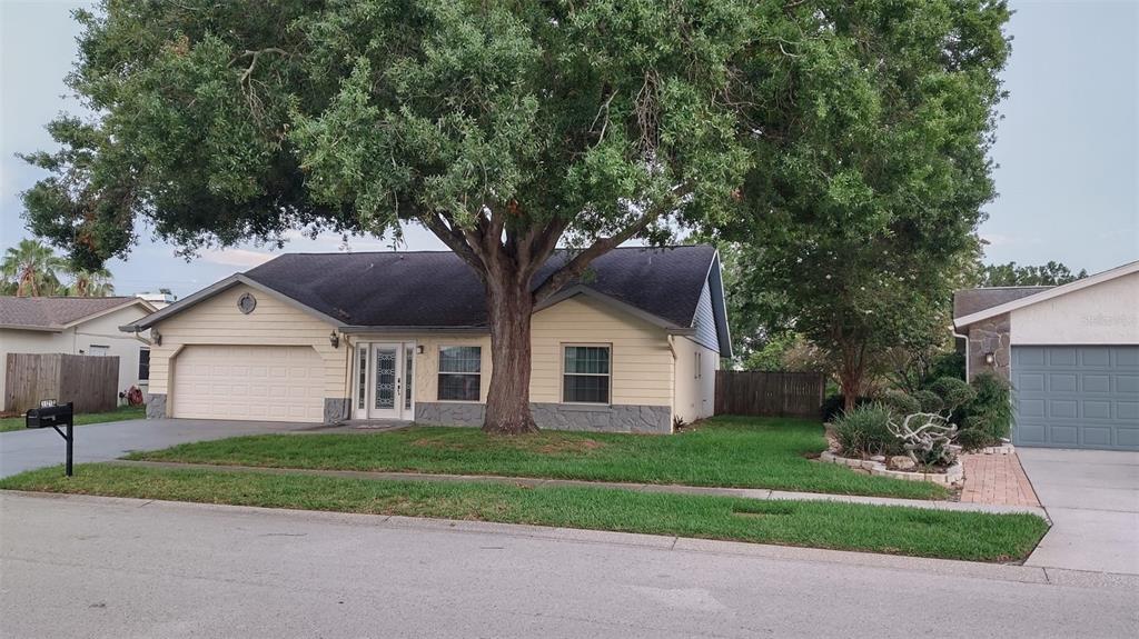 a front view of house with yard and green space