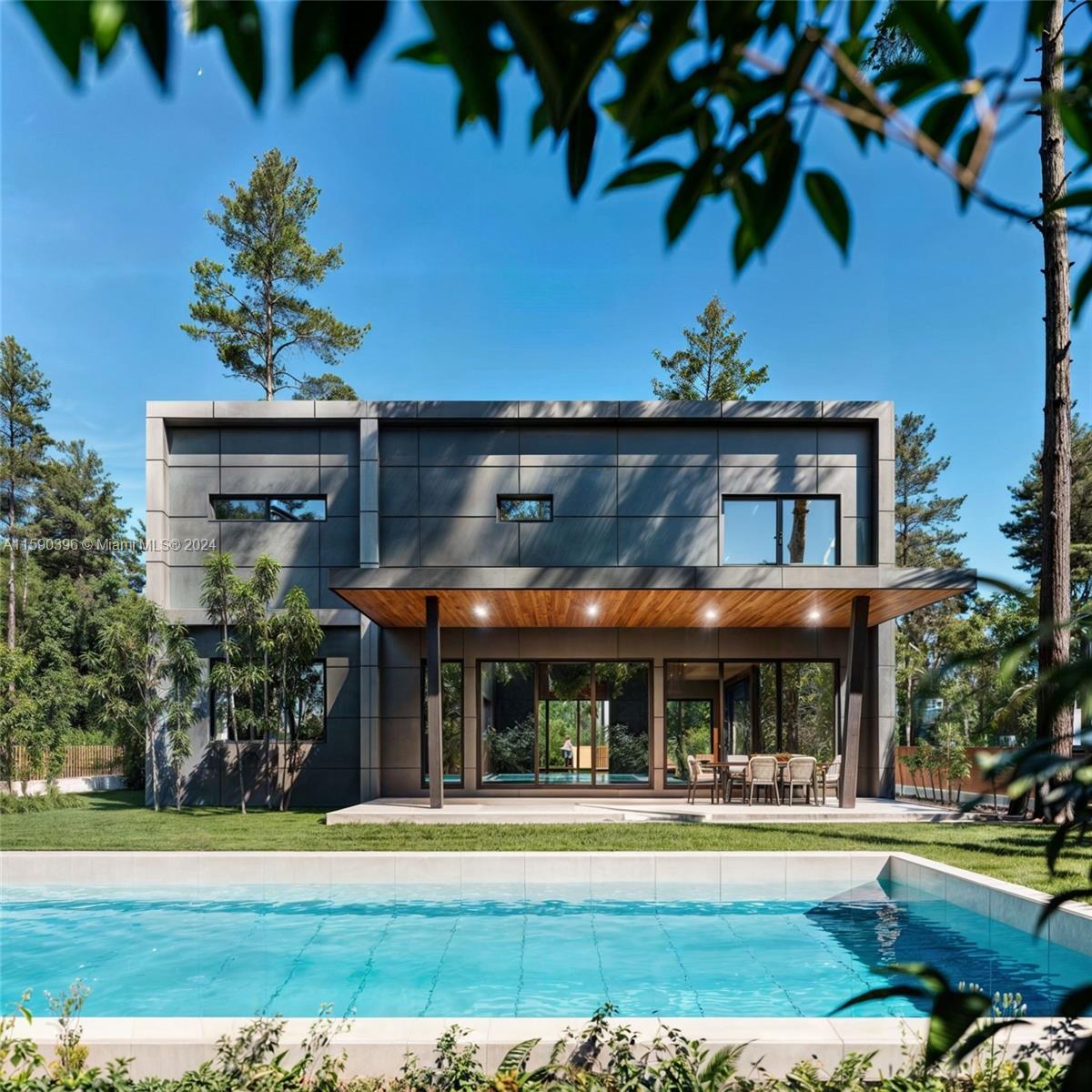 a view of a swimming pool with an outdoor seating