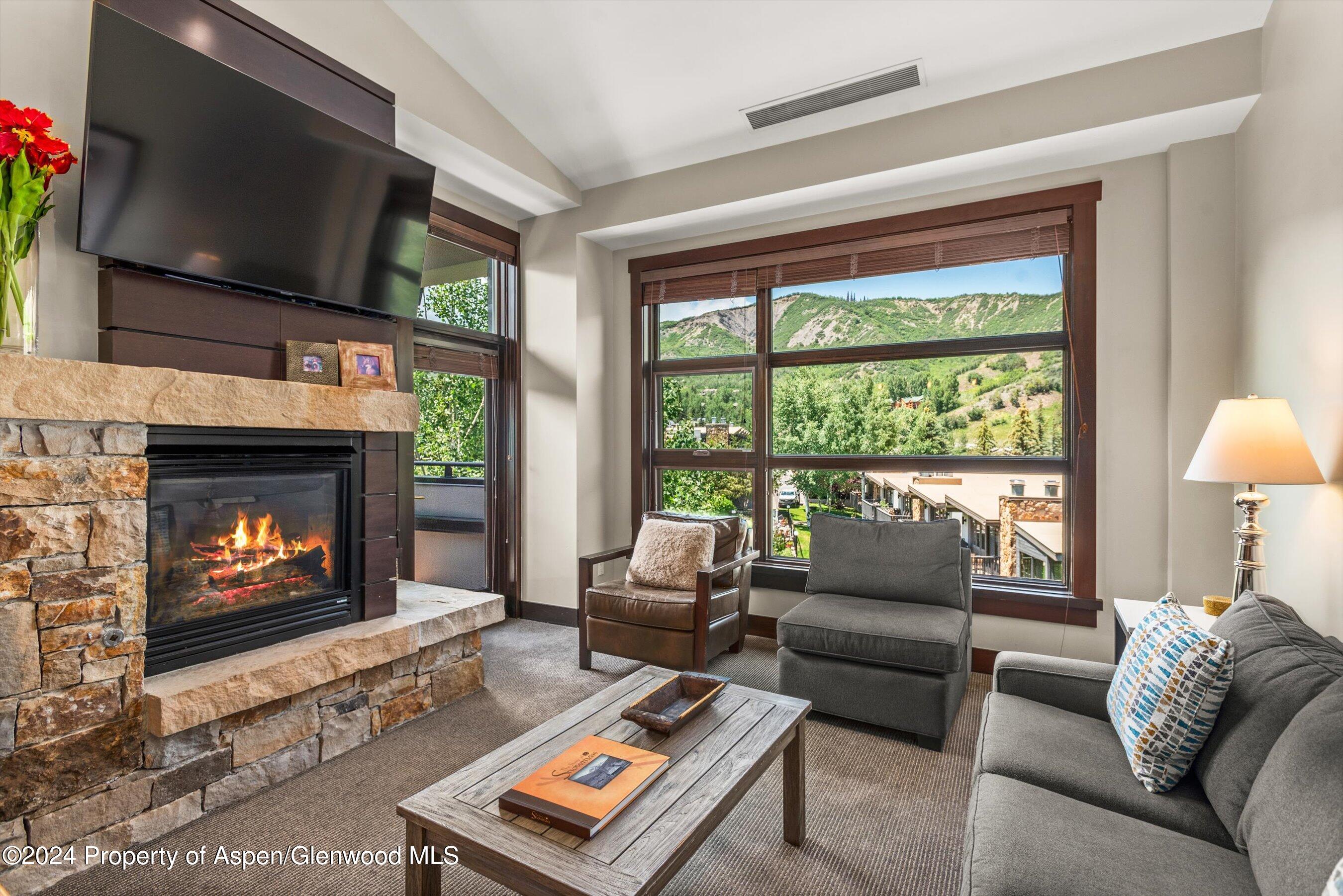 a living room with furniture a flat screen tv and a fireplace