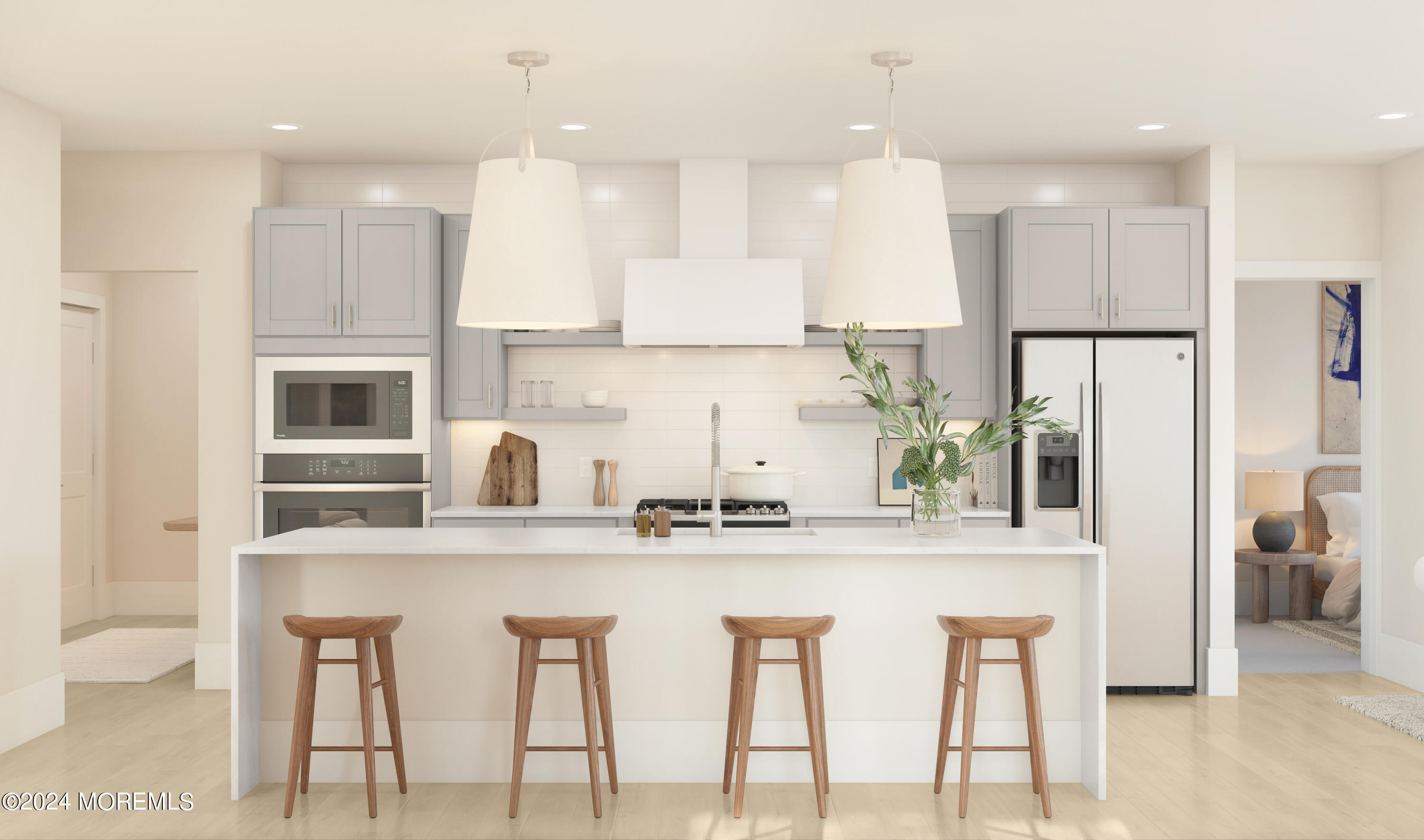 a kitchen with stainless steel appliances kitchen island granite countertop a table and chairs in it