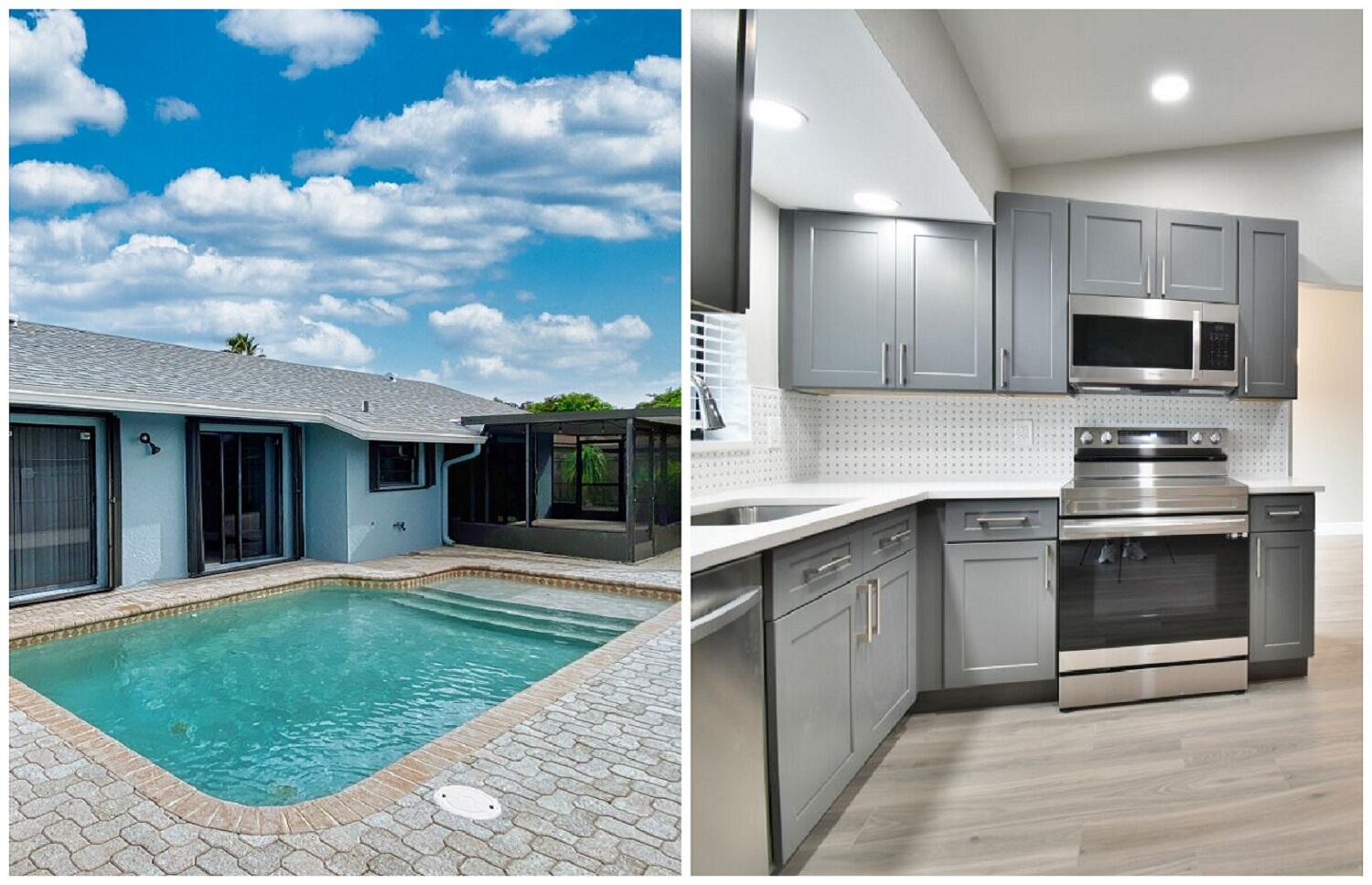 a kitchen with kitchen island granite countertop a sink stainless steel appliances and cabinets