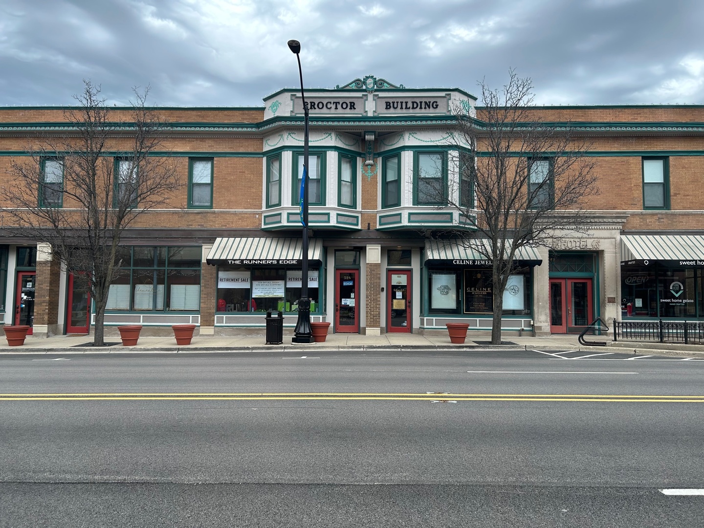 a view of a building with a street