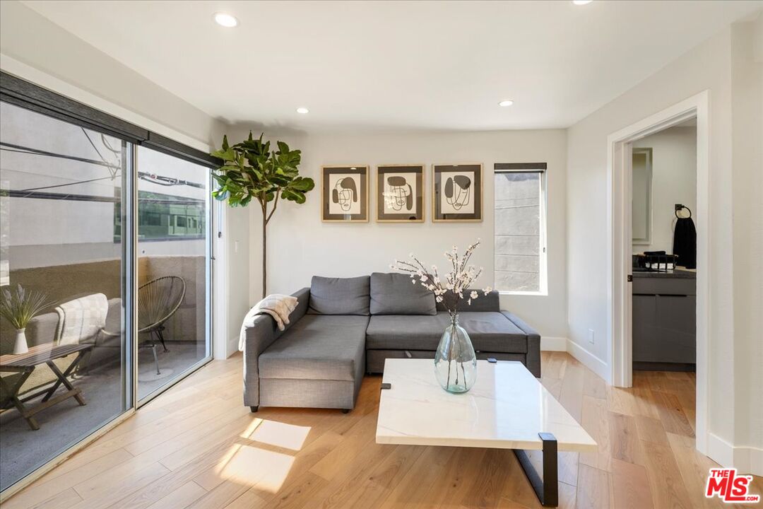 a living room with furniture and a potted plant