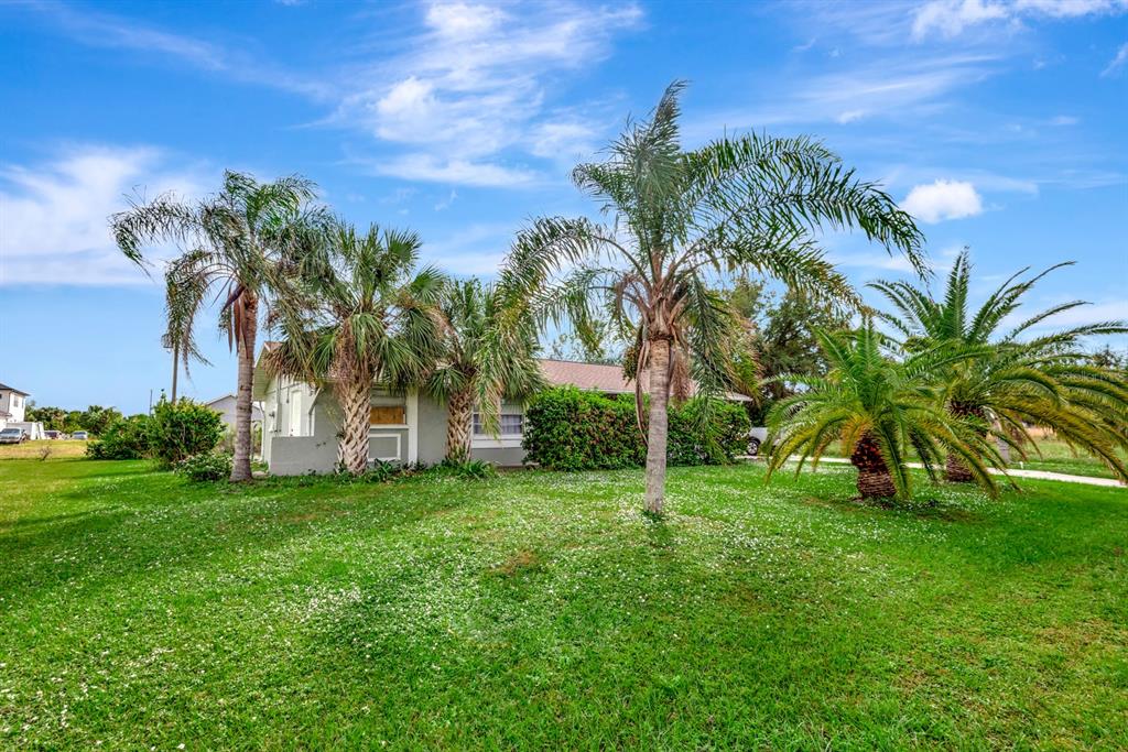 a view of a apartment with a big yard and palm trees