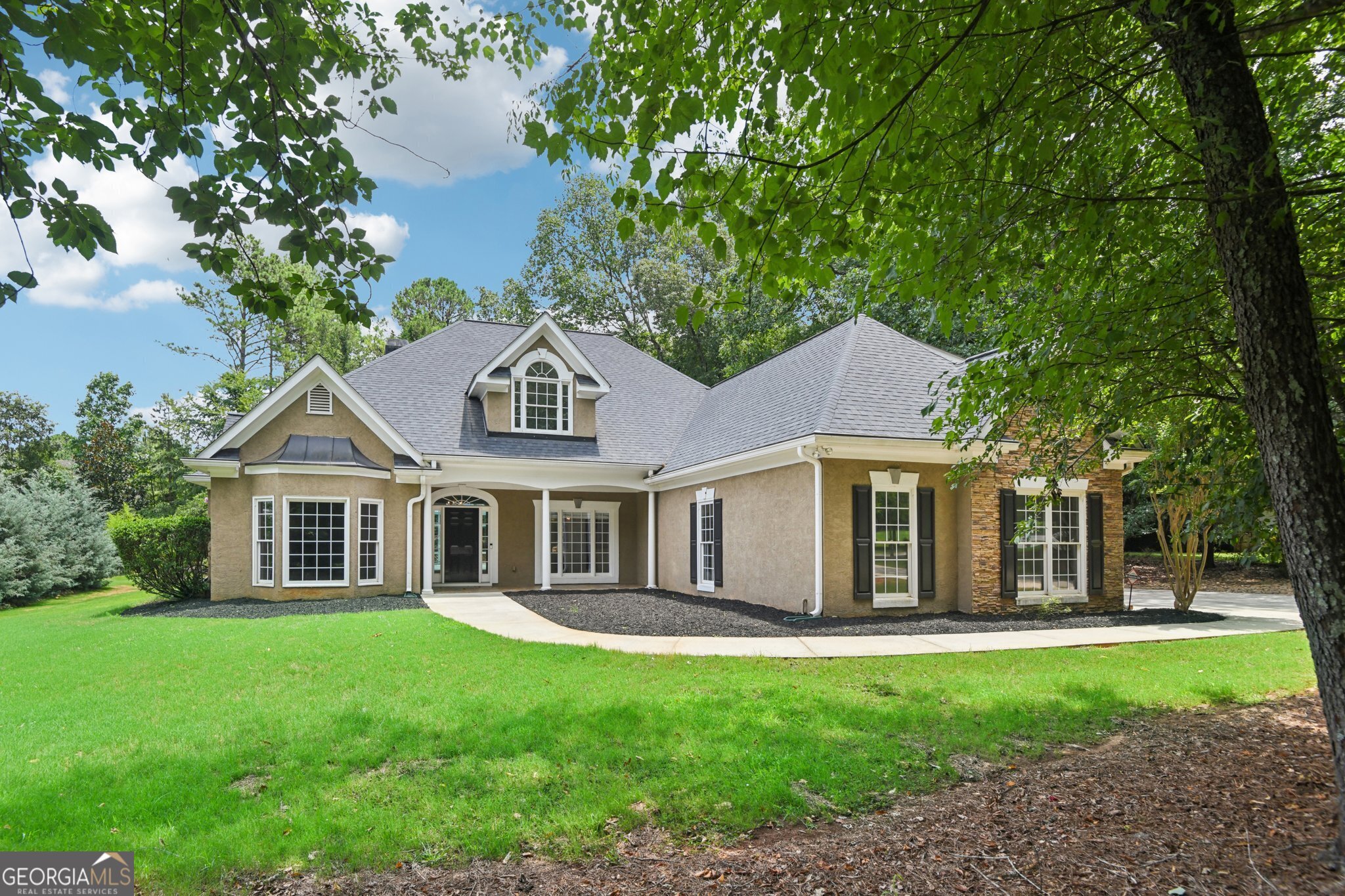 a front view of a house with yard and green space