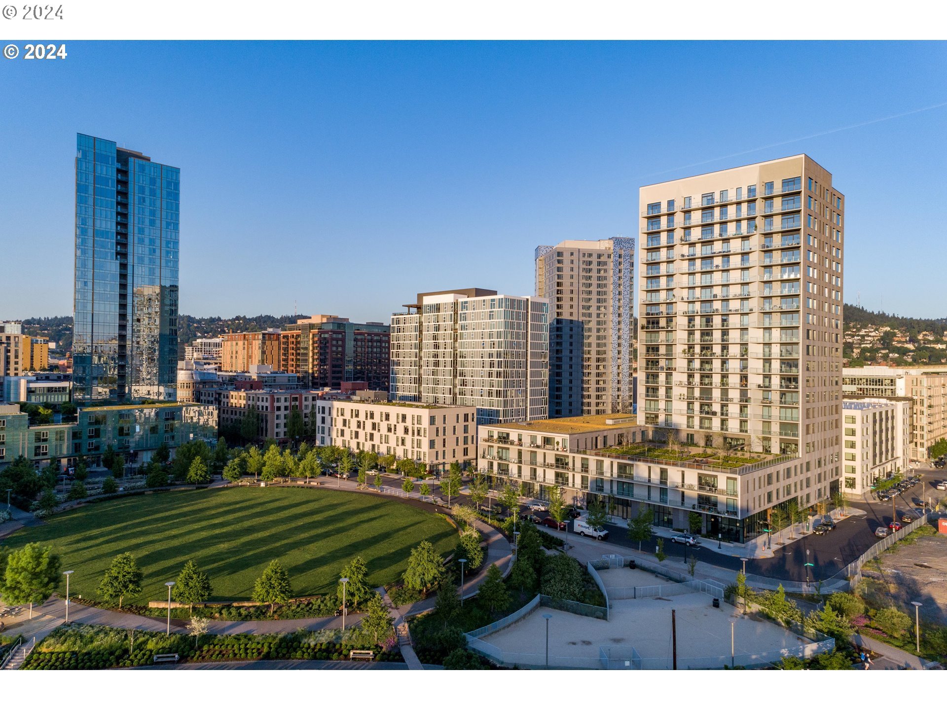 a city view with tall buildings