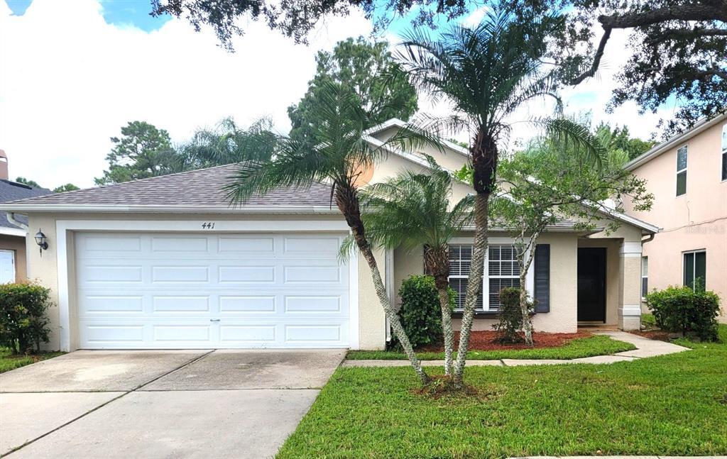 a view of a house with backyard and a tree