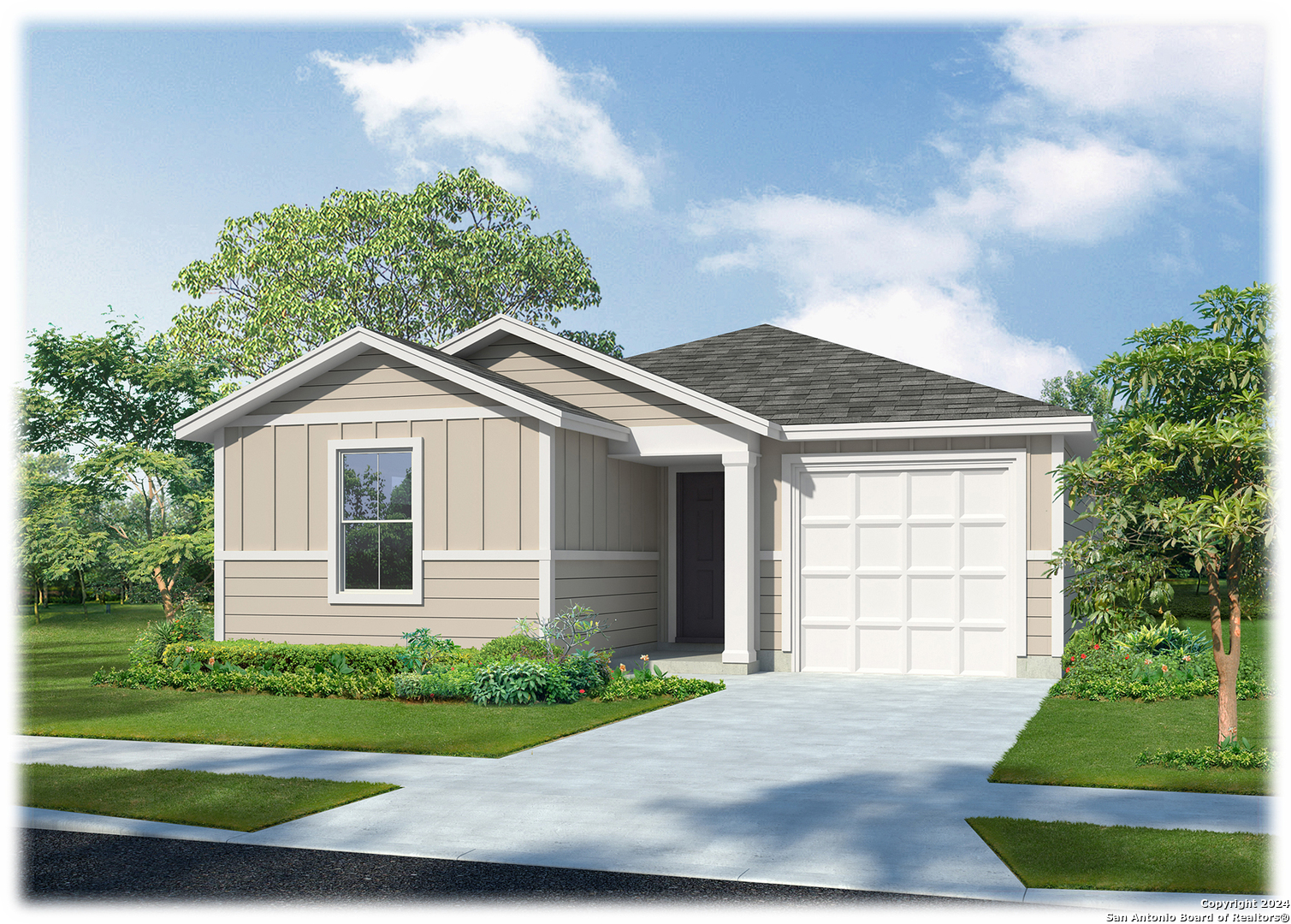 a front view of a house with a yard and garage