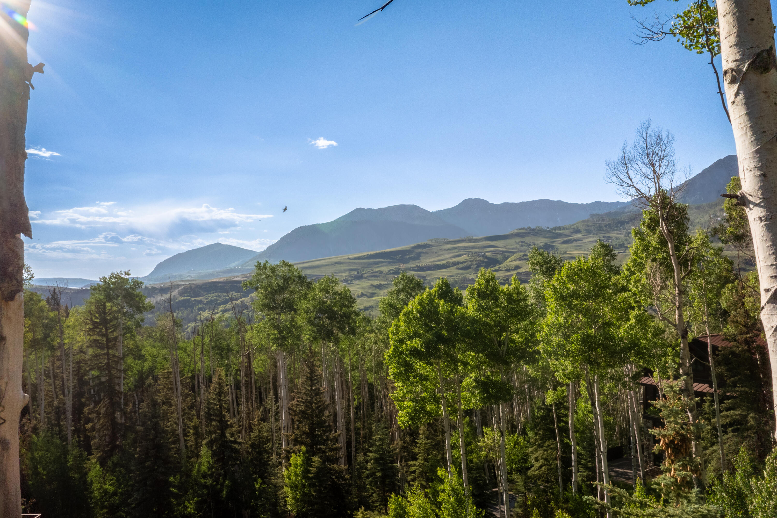 a view of a town with mountains in the background