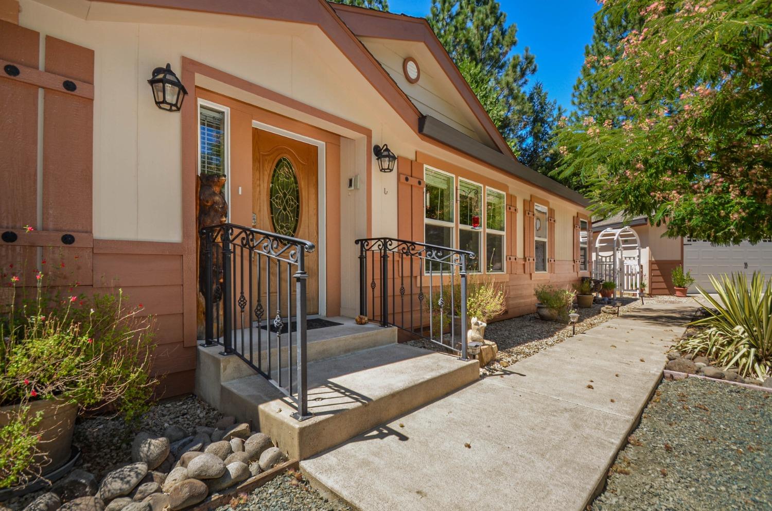 Stunning view of the front door, and more of the concrete walkway again to the garage.