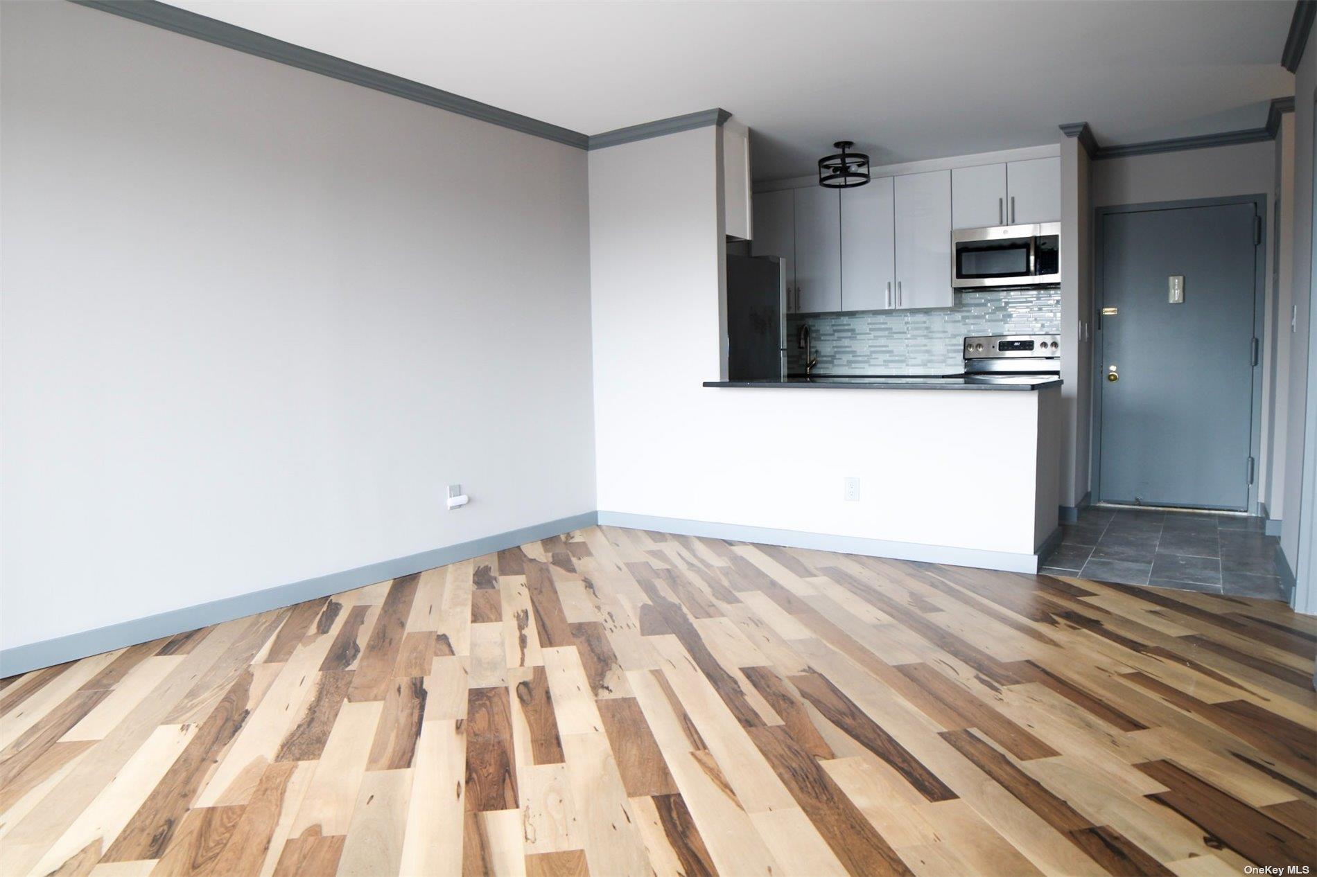 a view of a kitchen with wooden floor and stainless steel appliances