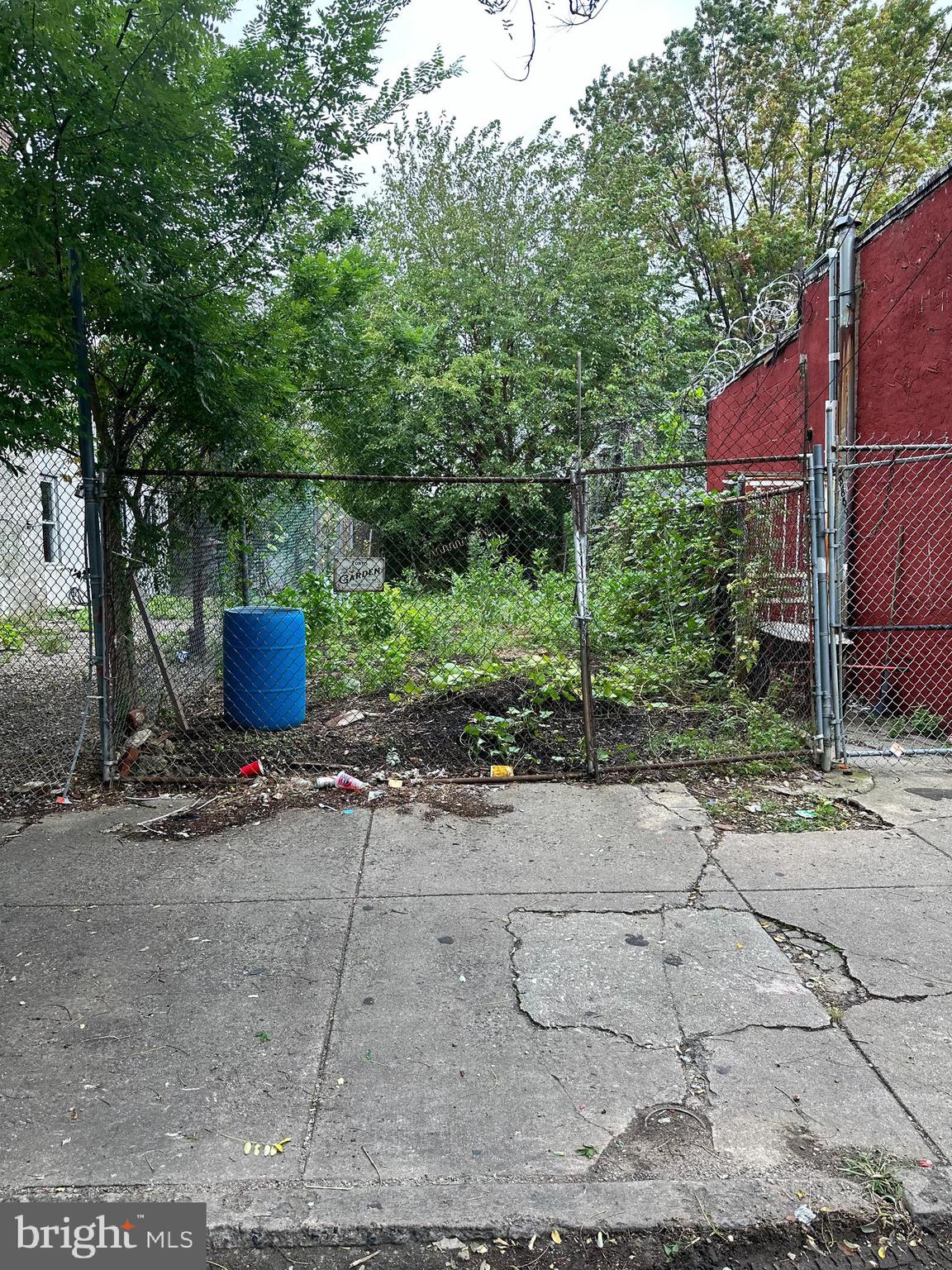 a garden view with a seating space