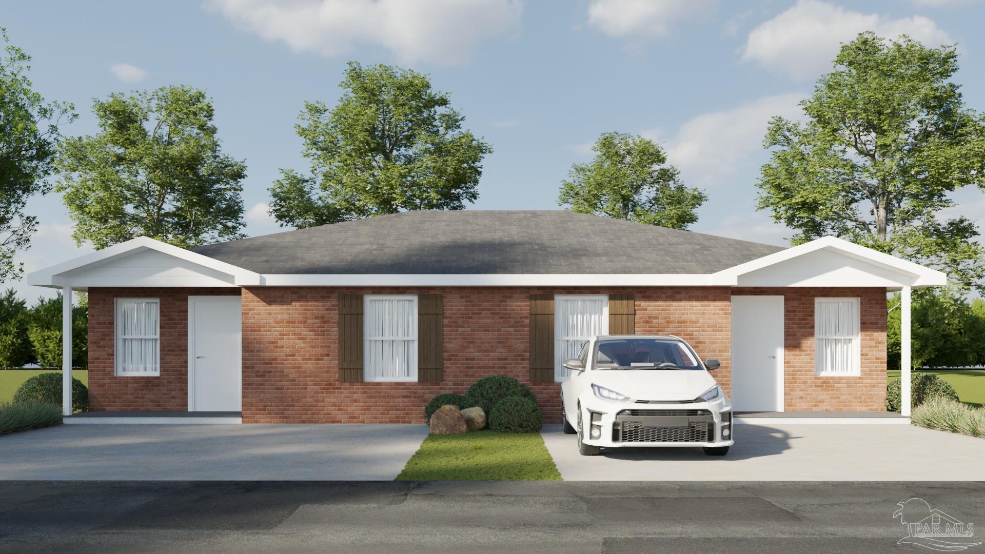 a car parked in front of a brick house